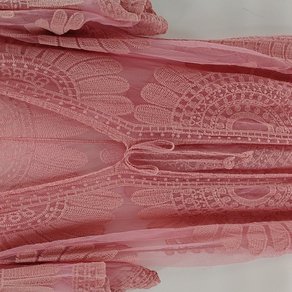 CHOA Pink Dark Rose Lace Kimono Duster Cover Up w Front Tie Large To X-large - Picture 5 of 8